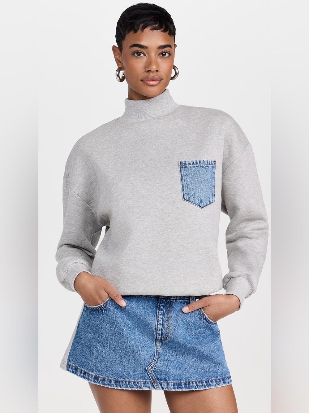 SEROYA Marley Terry Denim Sweater Dress Gray Blue Size S NWT Mini Mock Neck